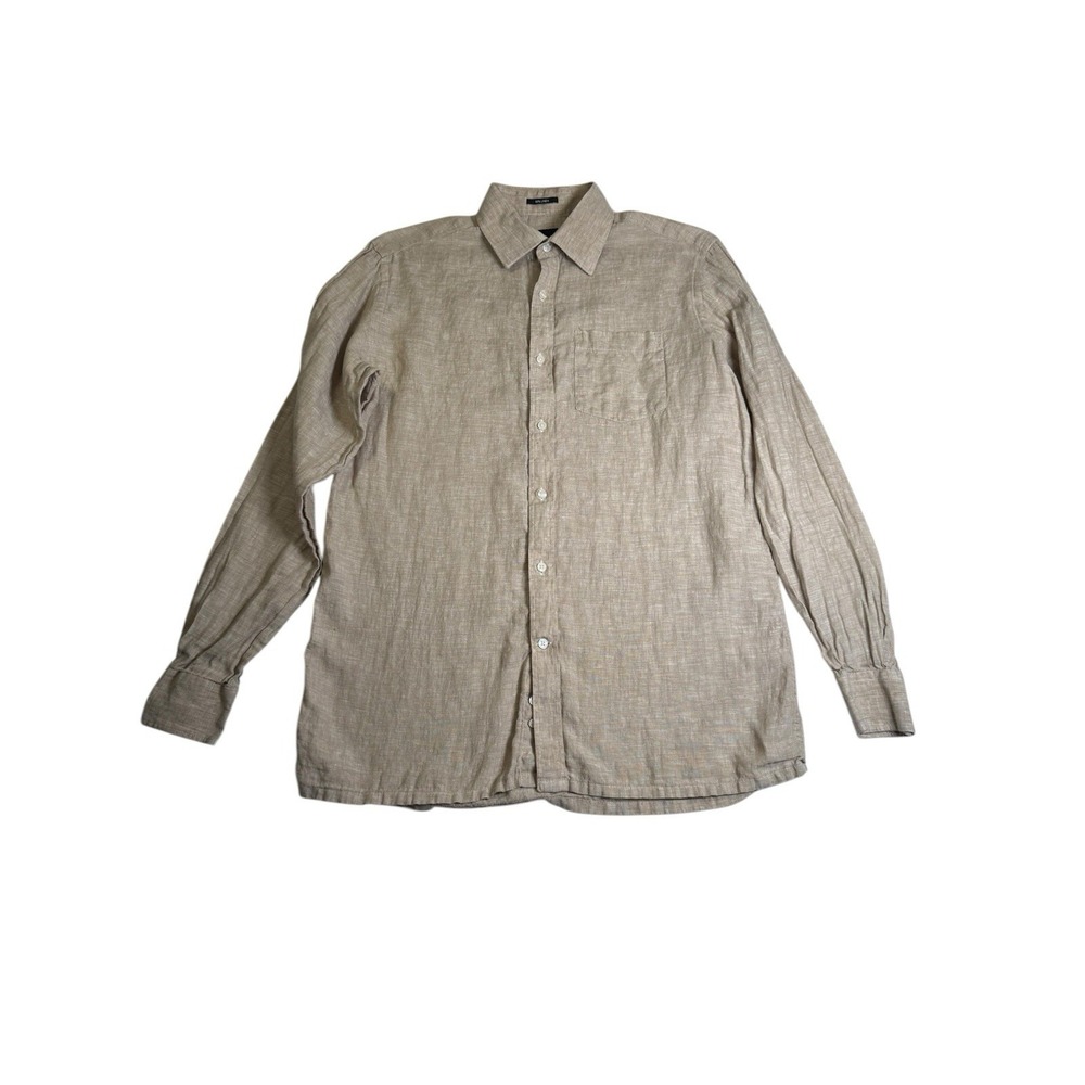 Park‎ Avenue Button Down Men 39cm Tan Good 100% Linen Long Sleeve PMSK08694-F3